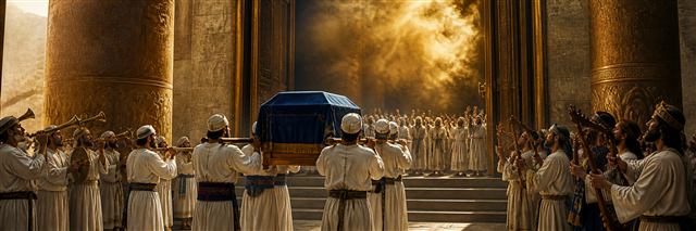 Priests carrying the covered ark into the temple while musicians worship and glory fills the sanctuary